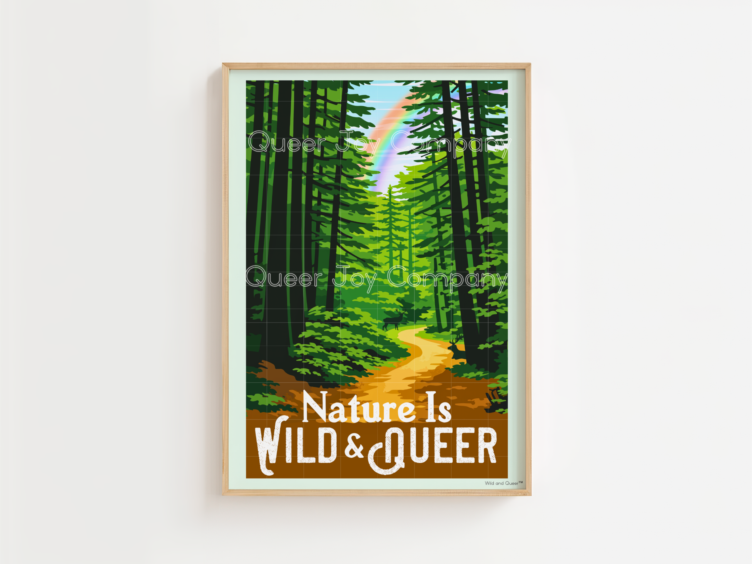 A trail runs through a grove of redwood trees with lettering that says Nature is Wild and Queer